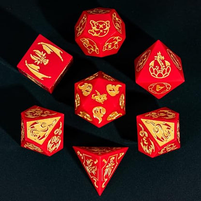 Cusdie 7-Piece Sharp Edges DND Dice Set with Dragon Pattern - Perfect for Tabletop RPGs Board Games Gifting and Collecting(Red with Gold Number) - color: Dragon Pattern R/G