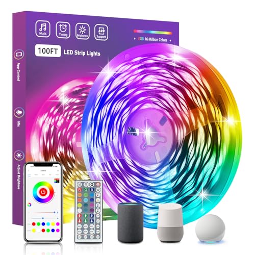 FONEWE Smart WiFi LED Lights 100 ft Remote Control Through APP Led Strip Lights Supports Alexa and Google Assistant Timing Function RGB Color Changing LED Lights for Bedroom and Party - size: 100FT