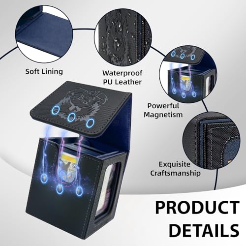 MTG Deck Box with Commander Display,Magnetic Card Storage Box Fits 100 Double Sleeved Cards,with 2 Dividers And 1 Mini Snap Card Holder Black/Dark Blue - color: Black/Dark Blue