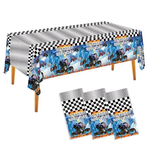 3pcs Monster truck Tablecloth Birthday Decorations Party Tablecloths | Disposable Rectangular Watercolor Table Cover for Kids Boys Birthday Party Supplies 54 * 108inch - color: Monster Truck