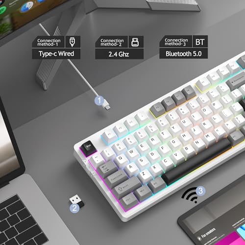 MageGee LIGHT87 Wireless Creamy Keyboard, Gasket Structure Hot Swappable Mechanical Keyboards, 2.4G/USB-C/BT5.0 RGB Backlit Gaming Keyboard for Win/Mac/PC, 8000mAh Battery, PBT Keycaps, Grey - color: White Grey/Blue Whale Switch