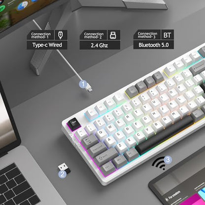 MageGee LIGHT87 Wireless Creamy Keyboard, Gasket Structure Hot Swappable Mechanical Keyboards, 2.4G/USB-C/BT5.0 RGB Backlit Gaming Keyboard for Win/Mac/PC, 8000mAh Battery, PBT Keycaps, Grey - color: White Grey/Blue Whale Switch