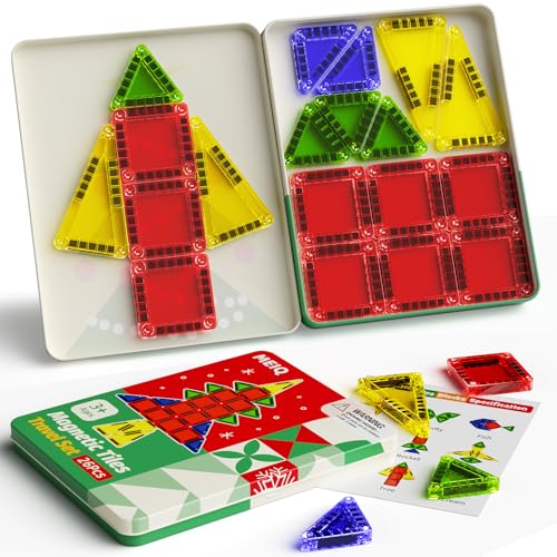 Magnetic Tiles Travel Storage Mini STEM Blocks Festive Box 26PCS 3+ | STEM magnetic building tiles with festive travel box. Great for road trips, airplanes, Montessori play & on-the-go fun - size: 26 PCS