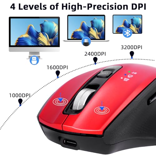 Wireless Bluetooth Mouse with USB-A, USB-C Receiver, Rechargeable, 3-Device, Full-Size, Silent Click, Ergonomic Mice for MacBook/Laptop/Computer/Tablet/PC/iPad-Red - color: Red