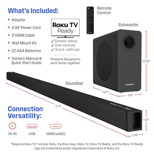 Westinghouse 2.1 Channel Soundbar with Wireless Subwoofer, DTS:X and Dolby Atmos, 120W RMS & 240W Max Output, for Smart TV, Home Theater Audio, HDMI/eArc, Bluetooth, Roku TV Ready - size: 2.1 Channel Soundbar with Subwoofer
