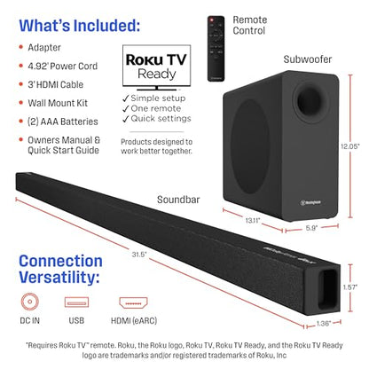 Westinghouse 2.1 Channel Soundbar with Wireless Subwoofer, DTS:X and Dolby Atmos, 120W RMS & 240W Max Output, for Smart TV, Home Theater Audio, HDMI/eArc, Bluetooth, Roku TV Ready - size: 2.1 Channel Soundbar with Subwoofer