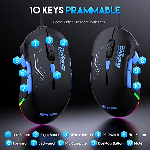 High-Performance Wired Gaming Mouse with Dynamic RGB Lighting, 12800 DPI Adjustable, Multi-Functional Mouse with 10 Customizable Macro Buttons (Black-Blue) - color: Black-Blue