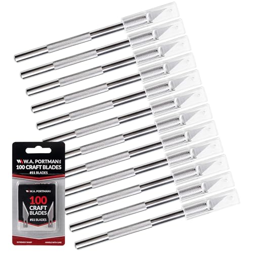 WA Portman Hobby Knife Set, 12pc Precision Craft Knife Set with 100 Blades | Bulk Exacto Knife 100pc SK5#11 Steel Xacto Knife Blades, Art Sticker Cutter for Paper, Pottery, Clay Polymer Tool Supplies - size: 12 Knives 100 Blades