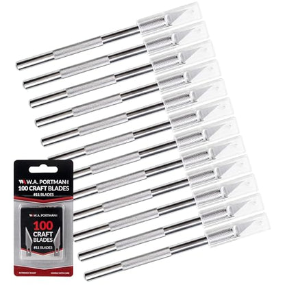 WA Portman Hobby Knife Set, 12pc Precision Craft Knife Set with 100 Blades | Bulk Exacto Knife 100pc SK5#11 Steel Xacto Knife Blades, Art Sticker Cutter for Paper, Pottery, Clay Polymer Tool Supplies - size: 12 Knives 100 Blades