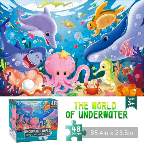 Jumbo Floor Puzzle for Kids,48 Piece Underwater Jigsaw Puzzle Ages 3-8 | Underwater Animal Puzzle,Extra-thick Cardboard,Preschool Learning Toy,35x24 in Completed,Educational Gift for Boys and Girls - style: Underwater