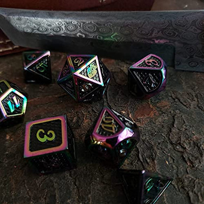 HEIMDALLR Metal DND Dice Set 7 pcs - Dragonhide Design, 16mm Size, Logo on D20; Metal Dice Set & Dice Box; D&D Dice Set D&D (Dungeons and Dragons Dice Set) - Jormungandr Series (Prismatic Dragon) - color: 11 Prismatic Dragon
