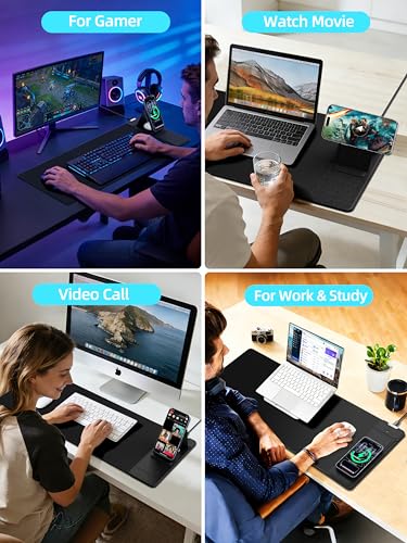 Mouse Pad with Magnetic Wireless Charging & Adjustable Phone Stand | 27.5"x11.8" Computer Keyboard Pad Mat with Anti-Slip Base & Stitched Edge, Easy Gliding, Spill-Resistant Surface, Black - color: Black-Magnetic Stand-27.5"x11.8"-Right