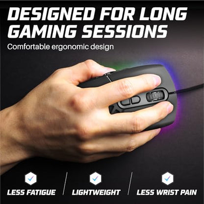 Neptune Blade Ergonomic Lightweight LED Gaming Mouse | Wired USB Corded Mouse with Backlight Effects (Black)