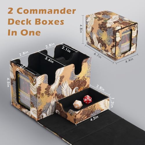 Card Deck Box for Commander Display, Fits 200+ Double Sleeved Cards, Fits for YuGiOh, MTG, PTCG & Sports Cards, 2 Dividers & 2 Dices & 1 Magnetic Card Holder, With Dice Tray (Gold)