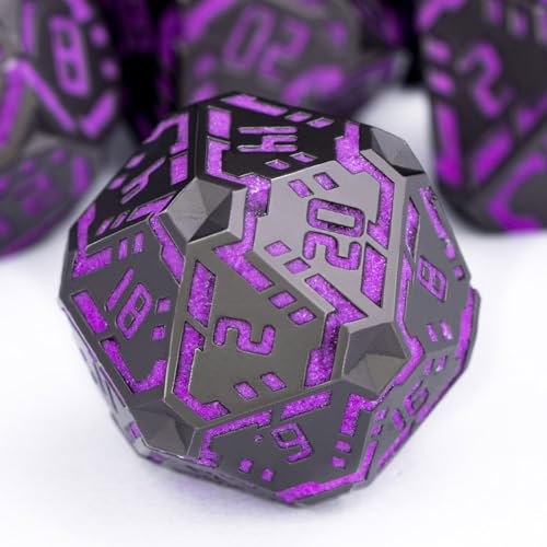 Metal DND Sci-fi Dice Set 7PCS Luminous Purple Stripe Polyhedral Dice for Dungeons Dragons RPG Role Playing Game, Glitter D and D Dice with Gift Box D6 D8 D10 D12 D20 - color: Nightlight - Purple