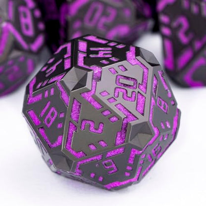 Metal DND Sci-fi Dice Set 7PCS Luminous Purple Stripe Polyhedral Dice for Dungeons Dragons RPG Role Playing Game, Glitter D and D Dice with Gift Box D6 D8 D10 D12 D20 - color: Nightlight - Purple