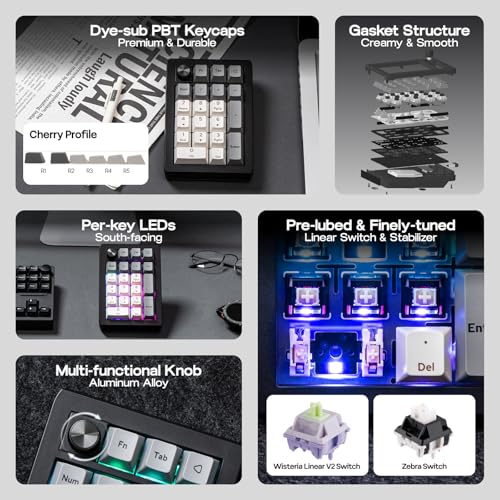 EPOMAKER EK21 VIA Gasket Number Pad w/ 1000mAh Battery, BT 5.0/2.4GHz/Wired | Hot-Swap Numpad with Aluminum Alloy knob, Programmable for Win/Mac/Gaming (Black Silver, Zebra Switch) - color: Black Silver, size: Zebra Switch