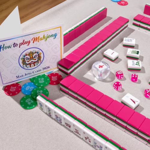 160 Acrylic American Mahjong Tile Set for Mah Jong Lovers | 1.2” Mahjong Set with Carrying Bag and Accessories, 2026 New Premium Rose Red Tiles, 3D Engraved 4 Layer Mahjong Tiles - color: Hot Pink