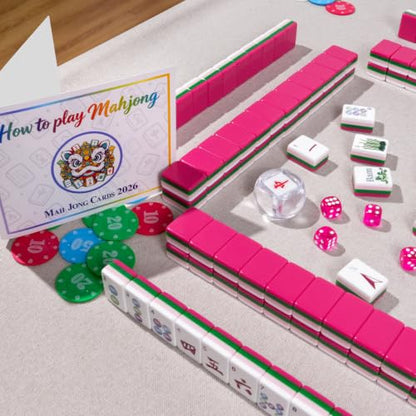 160 Acrylic American Mahjong Tile Set for Mah Jong Lovers | 1.2” Mahjong Set with Carrying Bag and Accessories, 2026 New Premium Rose Red Tiles, 3D Engraved 4 Layer Mahjong Tiles - color: Hot Pink