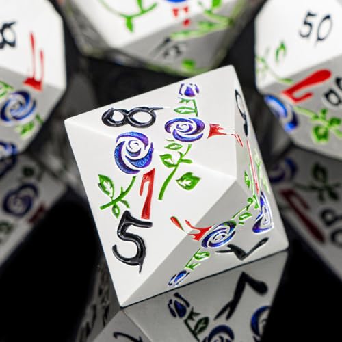 Gothic DND Dice Set Bleeding Rose Metal D and D Dice for use with Dungeons Dragons D&D Role Playing Game, Blue Purple RPG Polyhedral Dice Set D20 D12 D10 D8 D6 D4 - color: Purplish Blue&silver&black Numbers