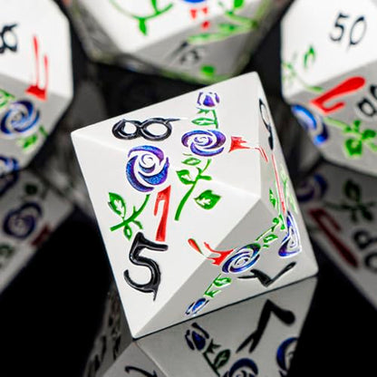 Gothic DND Dice Set Bleeding Rose Metal D and D Dice for use with Dungeons Dragons D&D Role Playing Game, Blue Purple RPG Polyhedral Dice Set D20 D12 D10 D8 D6 D4 - color: Purplish Blue&silver&black Numbers