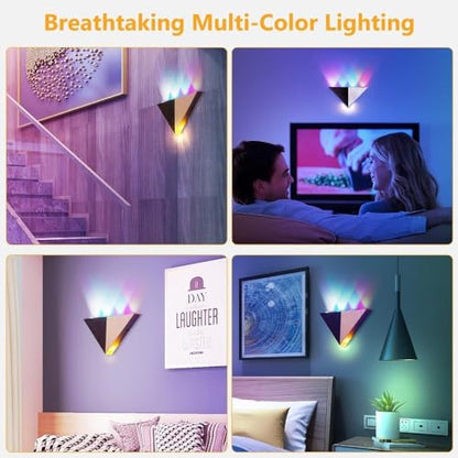 Triangle LED Wall Light | 5W Up Down Wall Sconce Silver & Black Finish | Aluminum Metal Art Decor Wll Lamp for Living Room Gaming Room Theater Hotel Party | Hardwired RGB Spotlights