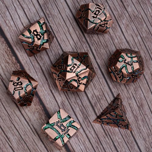 Cracked Rune Metal Dice Set for DND & RPG – Dark Fantasy Fractured Design, Premium Heavy Metal Polyhedral Dice with Deep Engraved Numbers, 7-Piece Set – Green Mystic Vein - color: Antique Copper Green