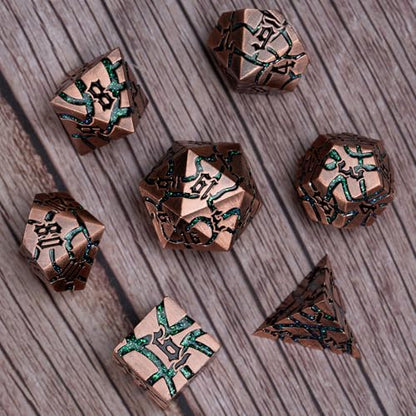 Cracked Rune Metal Dice Set for DND & RPG – Dark Fantasy Fractured Design, Premium Heavy Metal Polyhedral Dice with Deep Engraved Numbers, 7-Piece Set – Green Mystic Vein - color: Antique Copper Green