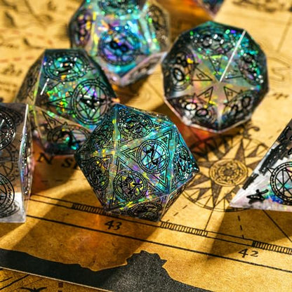 Cusdie 7-Die Sharp Edges DND Dice Set, Magic Circle Pattern Polyhedral D&D Dice Set for DND TTRPG Role Playing Games - color: Magic Pattern-transparent Black