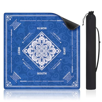 Shipped Rolled Mahjong Mat with Rules Without Creases, 3mm, 32.5" x 32.5" | Anti-Slip Rubber Base, Travel-ready with Carry Bag, Soft & Water-Repellent Surface, Noise-Reduce, for Poker & Card game - color: Blue