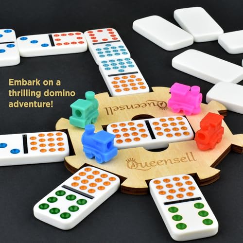 Queensell Mexican Train Dominoes Set Double 15 for Adults and Family, Mexican Train Double 15 Dominoes Set Colored Dot - 136 Tiles, 9 Trains, Wooden Hub, Aluminum Case (Double 15) - style: Double 15