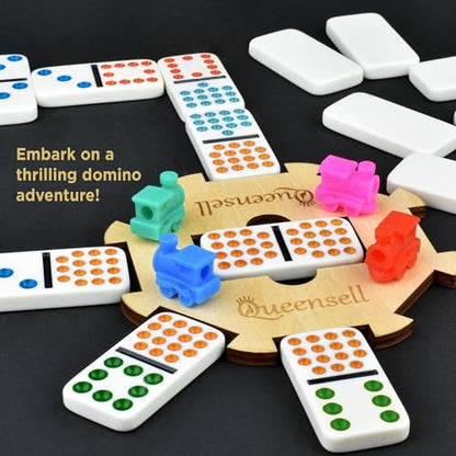 Queensell Mexican Train Dominoes Set Double 15 for Adults and Family, Mexican Train Double 15 Dominoes Set Colored Dot - 136 Tiles, 9 Trains, Wooden Hub, Aluminum Case (Double 15) - style: Double 15