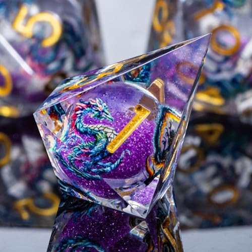 Roycevon Dragon Pattern Liquid Core DND Dice Set, 7Pcs Sharp Edge Dice with Gift Box, Purple Resin Dungeons Dragons D and D Role Playing Dice D20 D12 D10 D8 D6 D4 - color: Purplr Gold