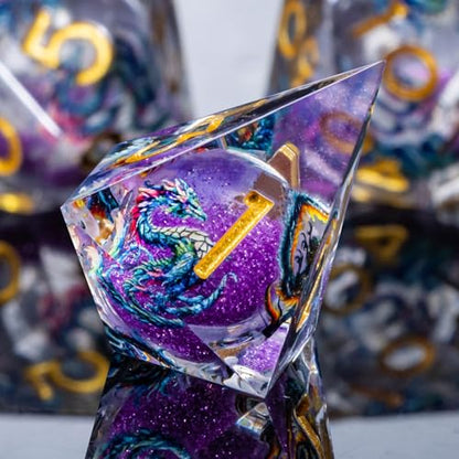 Roycevon Dragon Pattern Liquid Core DND Dice Set, 7Pcs Sharp Edge Dice with Gift Box, Purple Resin Dungeons Dragons D and D Role Playing Dice D20 D12 D10 D8 D6 D4 - color: Purplr Gold