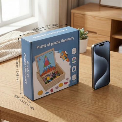 Magnetic Pattern Blocks Wooden Geometric Shape Puzzle Toy for Kids Toddlers Age 3-8 Montessori STEM Learning Educational Game 75Pcs Tangram with Storage Box Travel Gift Classroom Whiteboard