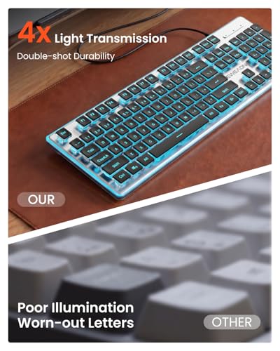 SEUNKWANG Wired Backlit Keyboard with Pudding Keycaps, Quiet Full Size Computer Keyboard Blue Backlight Easy-to-Read, Never Fade, Metal Panel, USB Cute Desk Setup for Windows PC Desktop, Black - color: Black-blue