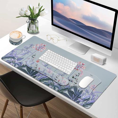 MEGREZ 4-in-1 Mouse Pad with Wrist Rest Ergonomic Memory Foam Desk Mat Set | ergonomic, anti-slip base, 4pcs set, desk pad, mouse wrist rest, keyboard rest, coaster, ideal for office & gaming - color: Bluegray
