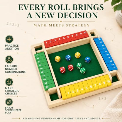 Shut The Box Game, 4 Player Wooden Square Board with 8 Dice Set | 4-player Shut The Box wooden square math board with 8 dice for adults,family nights, parties and pub tabletop strategy play. - color: 1-4 Players