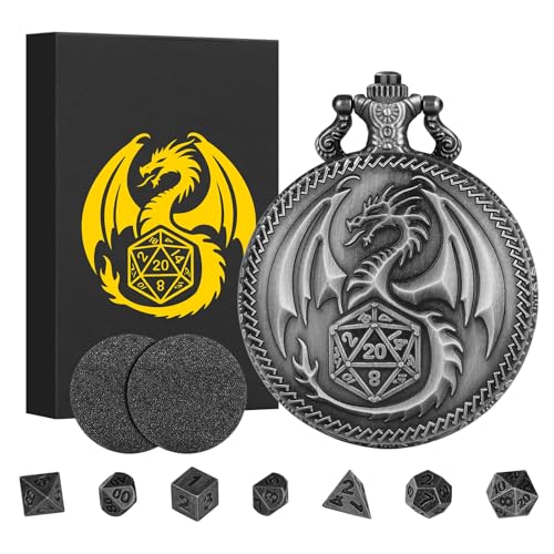 Mini DND Dice Set with Dragon Engraved Pocket Watch Shell Case, 7pcs Polyhedral Metal D&D Dice Set, DND Gifts with Gift Box, Role Playing Board Games Accessories, Dark Silver - color: Dark Silver