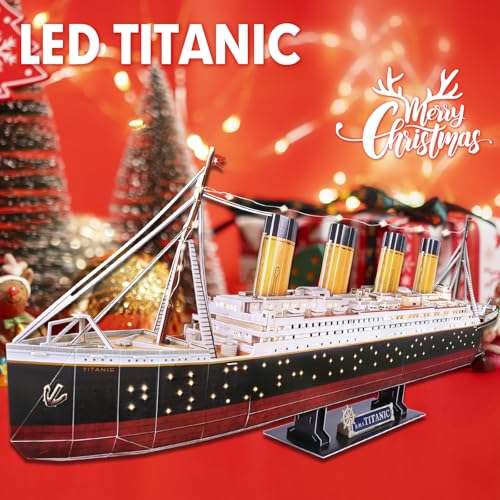 CubicFun Titanic 3D Model Ship Puzzle with LED Lights, 266 Pieces, 88 cm | 3D Puzzle for Adults LED 34.6 inch Titanic Model with 266 Pieces for Collectors, Home Decor Office Displays Shelf Displays - style: Realistic