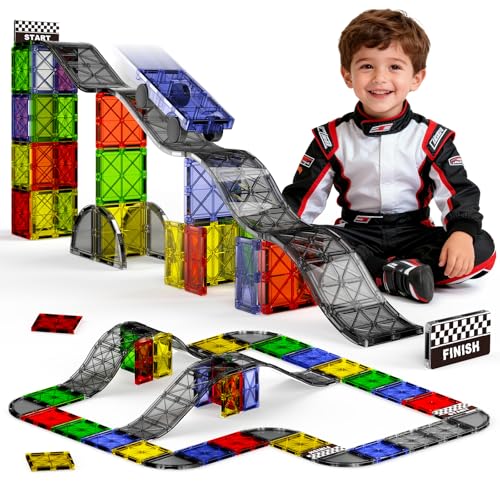 Magnetic Downhill Racer Track: 40pc Blocks Set w Car, STEM Toy 3-8 | Reinforced Tracks + Magnetic Car, STEM Montessori Toy, Safe ABS, Gift for Boys & Girls 3-8, Compatible w Major Brands - size: 40 Pieces