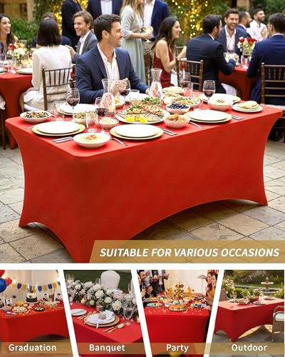 Fixwal Red Stretch Table Cloth Rectangle 2 Pack 6Ft, Spandex Fitted Table Covers Washable for Party, Trade Show, Banquet, Wedding, Buffet - color: Red, size: 6 Ft