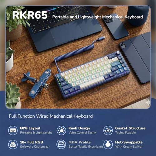 RK ROYAL KLUDGE R65 Wired Gaming Keyboard with Volume Knob, 60% Percent RGB Backlit Mechanical Keyboard Gasket Mount with PBT Keycaps, MDA Profile, QMK/VIA, 66 Keys Hot Swappable Cream Switch, Blue - color: Blue