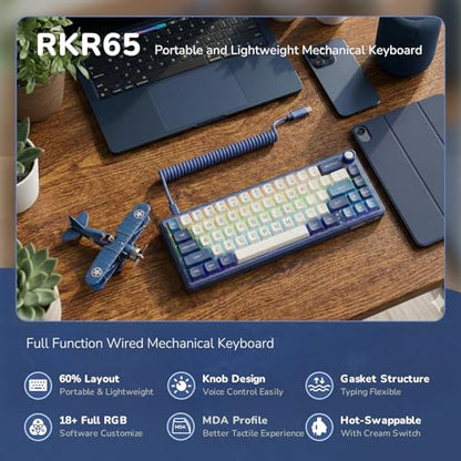 RK ROYAL KLUDGE R65 Wired Gaming Keyboard with Volume Knob, 60% Percent RGB Backlit Mechanical Keyboard Gasket Mount with PBT Keycaps, MDA Profile, QMK/VIA, 66 Keys Hot Swappable Cream Switch, Blue - color: Blue
