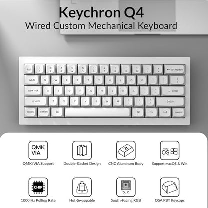 Keychron Q4 Wired Custom Mechanical Keyboard, QMK/VIA Programmable Macro, Full Aluminum, Hot-Swappable Gateron G Pro Red Switch, 60% Layout Double Gasket Compatible with Mac and Windows - White - color: White (Gateron G Pro Red Switch)