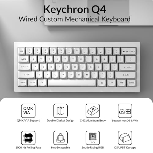 Keychron Q4 Wired Custom Mechanical Keyboard, QMK/VIA Programmable Macro, Full Aluminum, Hot-Swappable Gateron G Pro Red Switch, 60% Layout Double Gasket Compatible with Mac and Windows - White - color: White (Gateron G Pro Red Switch)