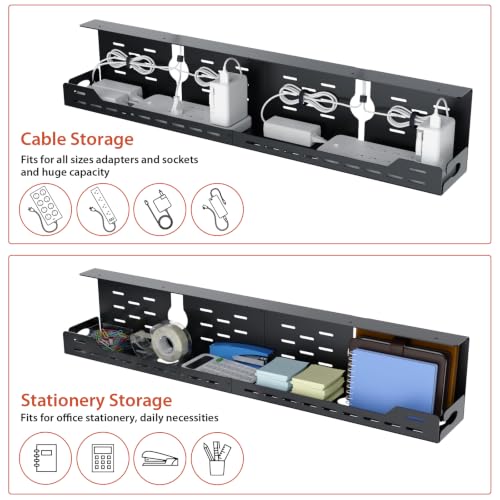 Univivi Under Desk Cable Management Tray, Cable Management, 32 inch, Black | Durable Steel Material, Under Desk Cable Tray with No-Drill C-Clamp and Screw Mount, Wire Management for Office/Home - color: Black, size: 32"