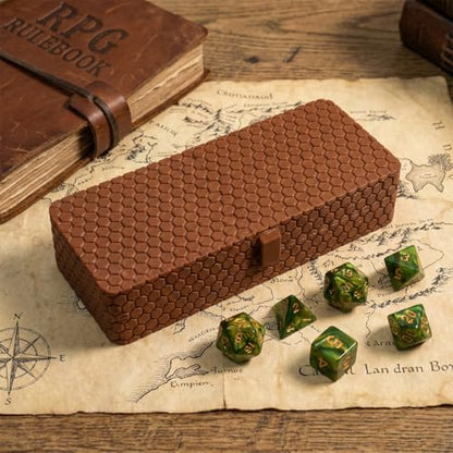 Portable D&D Dice and Miniature Storage Box with Bonus 7-Piece Glitter Green Polyhedral Dice Set - Hinged Lid with Secure Click Clasp (Third-Party RPG Accessory)