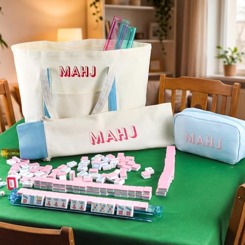 Ceenna American Mahjong Tile Set, 166 Tiles, 4 All-in-one Rack/Pushers, Complete Western Mahjong Set with Carrying Bag(Blue,Elegant) - color: Blue, style: Elegant