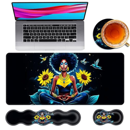 Large Mouse Pad and Keyboard Wrist Rest, Desk Pad for Keyboard and Mouse, 4-in-1 Large Gaming Mouse Pad with Wrist Support, Desk Mat for Home Office Study Game,Girl Sunflowers Hummingbirds - color: Girl Sunflowers Hummingbirds